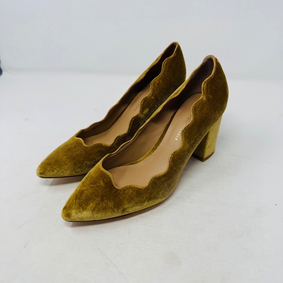 Anthropologie Scalloped Velvet Block Heels Mustard Yellow Pointed Toe Pumps 8M - Picture 10 of 10